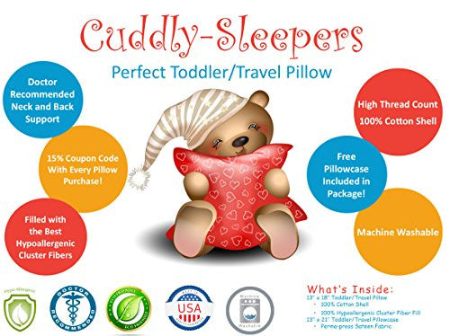 Cuddly Sleepers 100% Hypoallergenic Toddler Pillow w/ TWO FREE PILLOWCASES! Dr. Recommended. Made in USA.