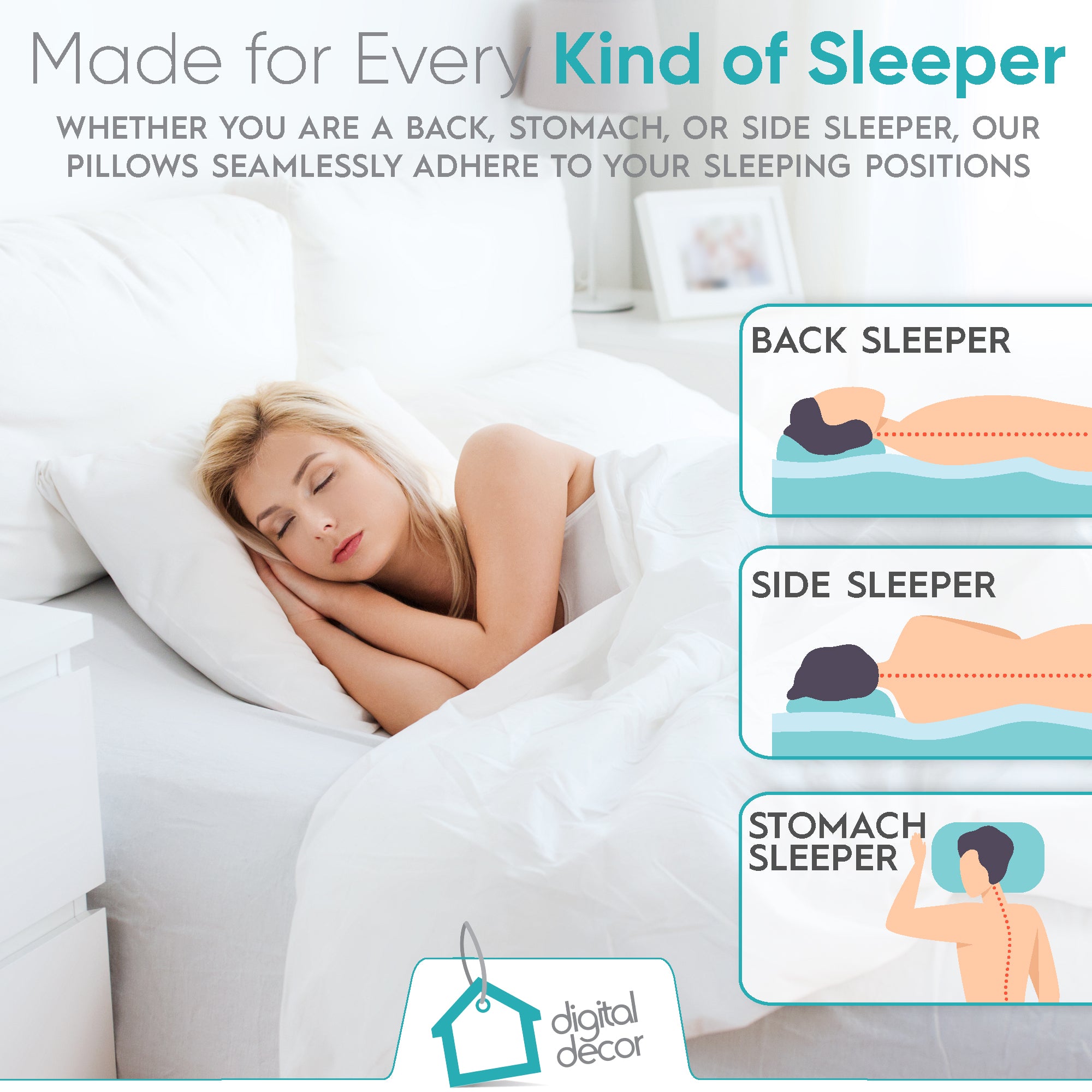 Digital Décor Cluster Fiber Pillow White Down Alternative Pillows Hypoallergenic Polyester Filled Soft Fluffy for Comfort Bed Support Standard Size - Set of 2