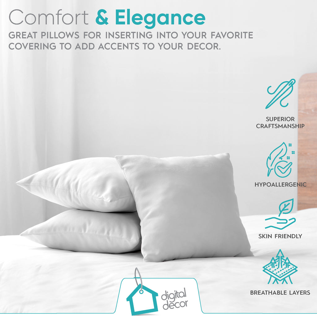 Digital Decor Premium Hypoallergenic Throw Pillow Inserts Sham - Decorative White Square Form Pillow Inserts - Perfect for Bedroom, Sofa & Couch